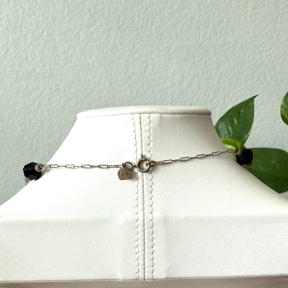 Vintage Judy Lee Black Faceted Glass Bead Station Necklace Antiqued Silver Chain - Picture 4 of 8